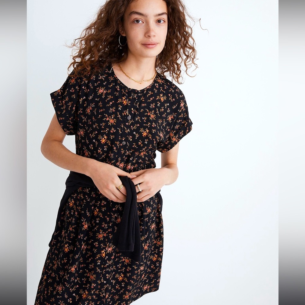 Madewell Short-Sleeve Button-Front Mini Dress in Fresh Sprigs